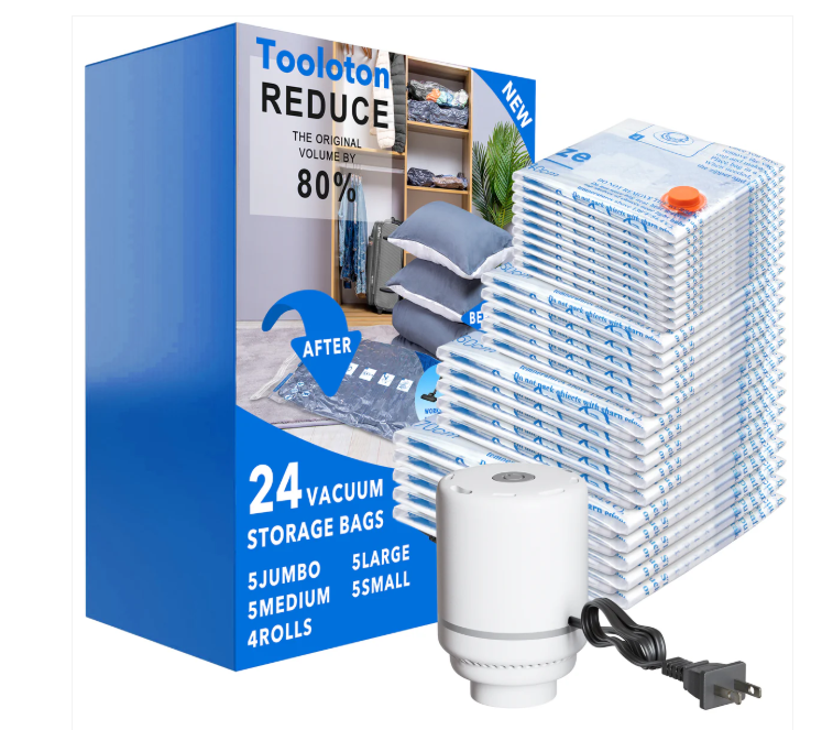 24 Pack Vacuum Storage Bags with Electric Pump, (5 Jumbo, 5 Large, 5 Medium, 5 Small, 4 Roll Up Bags) Space Saver Bag for Clothes, Blanket, Duvets, Pillows, Comforters,Travel,24 ComboEPUMP