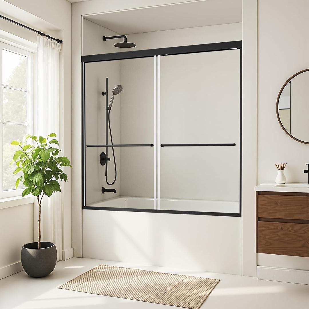 Shower Door for Tub 56-60" W x 62" H, Double Sliding Bath Tub Door Bypass, Semi-Frameless Bath Tub Shower Glass Door with 5/16" (8mm) Thick Tempered Glass, Matte Black