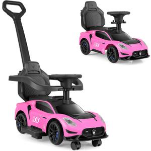 INFANS 3 in 1 Push Car for Toddlers, Licensed Maserati Baby Stroller Sliding Walking Car with Push Handle, Horn, Music, Underneath Storage, Foot-to-Floor Ride on Toys for Boys Girls (Pink)