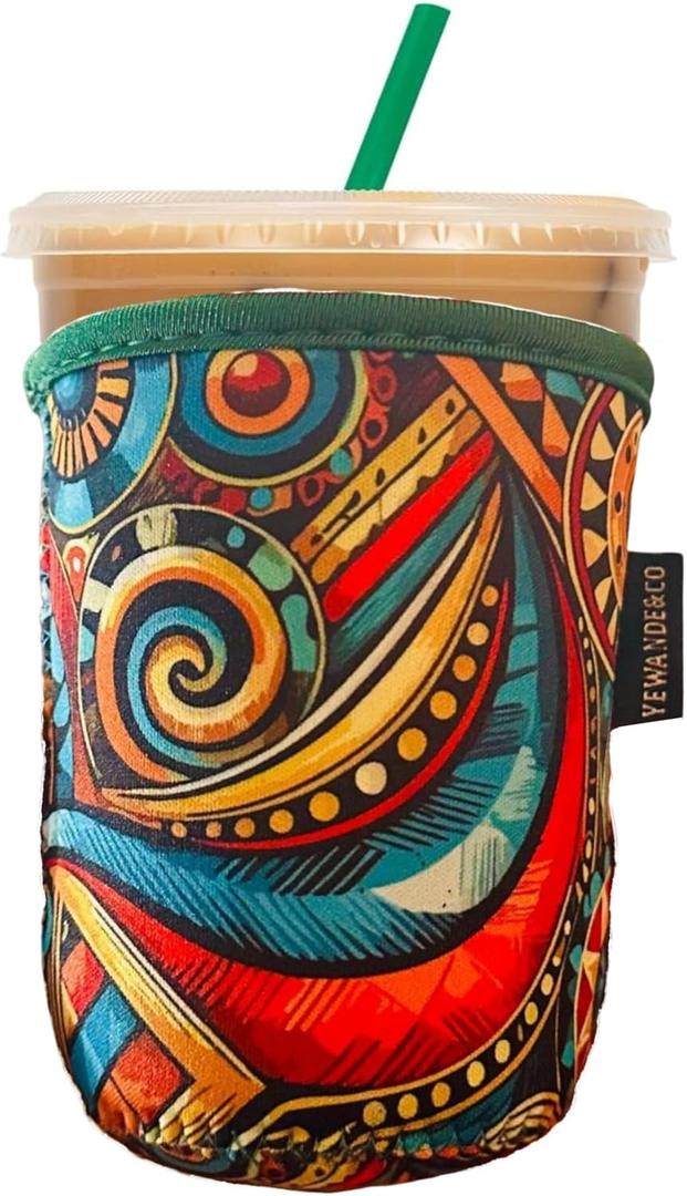 Neoprene Insulated Cup Sleeve for Iced Coffee, Hot & Cold Beverages  Reusable, Washable Drink Holder Cup Sleeve  Anti-Slip, Eco-Friendly, Multi-Color Design (WAVES, SMALL)