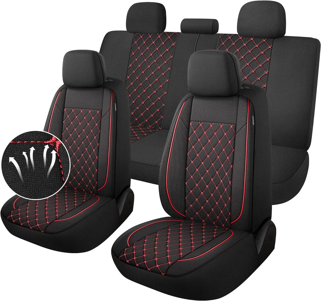 YGL Breathble Car Seat Covers Full Set, Washable Seat Covers for Cars, Premium Cloth Car Seat Protectors, Interior Covers for Cars, Sedan Van Truck SUV(Black/Red)