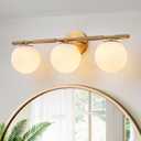 Modern Brass Vanity Light, 23-Inch Gold Bathroom Light Fixtures 3-Light Mid-Century Milk Glass Globe Wall Sconce with Knurled Texture