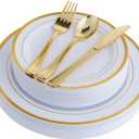 125 Count Gold Plastic Plates Include 25 Dinner Plates 25 Disposable Dessert & Gold Disposable Silverware, Plastic Dinnerware Set Providing for 25 Guests Suitable for Party Wedding (White)