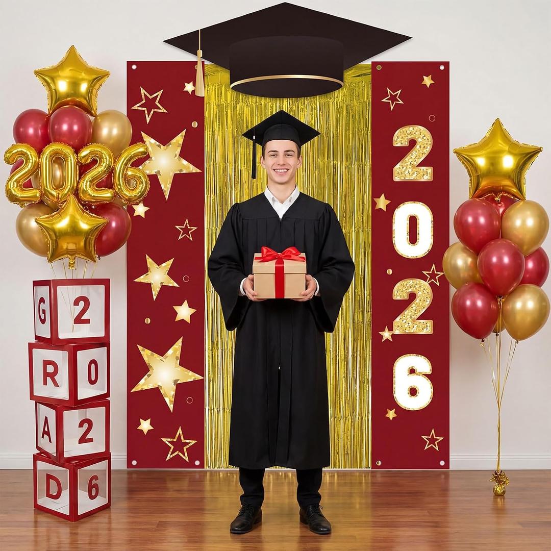 Frienda 9 Pcs 2026 Graduation Party Decoration Include Grad Box, Class of 2026 Graduation Door Porch Banner with Tinsel Curtain, Grad Photo Backdrop for College School Congrat Party Decoration(Red)