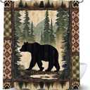 Cabin Bear Shower Curtain, Rustic Deer Hunting Decor Bath Curtains, Farmhouse Country Wooden Camping Forest Waterproof Fabric Bathroom Accessories Set, 69X78 inch with Hooks