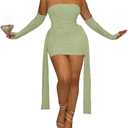 Sexy Strapless Tube Top Mesh Mini Dress for Women Bodycon Ruched Ribbons Birthday Date Night Dresses (Small, Green)