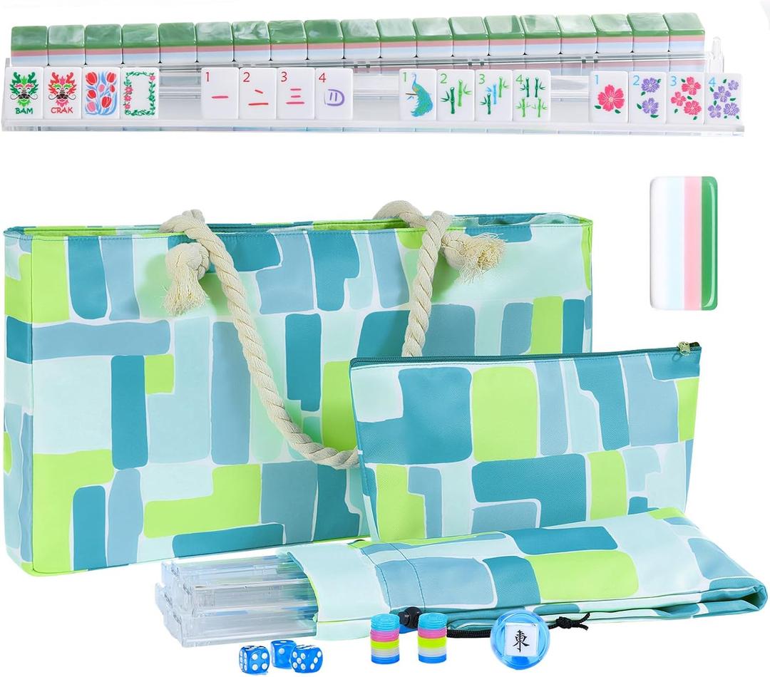 American Mahjong Set(4 Layer), 160 Engraved Acrylic Tiles with 4 Racks, Mahjong Bag and Accessories, Mahjong Tile Set for Beginners, Large Bag