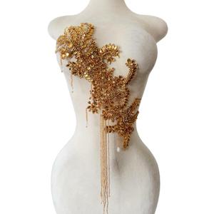 Pure Handmade Rhinestone Fringe Patch Trim Crystal Beaded Applique for Sewing Crafts Wedding Party Decoration Bridal Dress Accessories 16.1X16.9inches (Champagne)