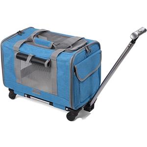 OLOTU Pet Backpack Portable Pet Trolley Case, Foldable Cat Carrier, Rolling Pet Carrier with Telescoping Handle, Breathable Cat Backpack Spacious (Blue-)