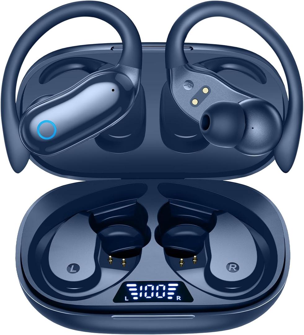 GNMN Active Noise Cancelling Ear Buds Wireless Earbuds 96hrs Playback Bluetooth Headphones Dual Battery Display Stereo Bass Earphones with Earhooks Microphone IPX7 Waterproof for Sports/Runing/Workout (EXP 08/12/26)