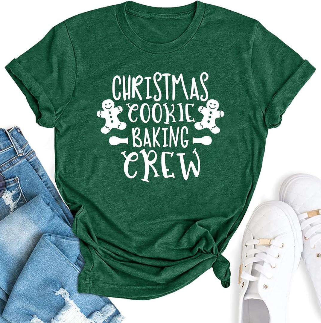 Christmas Cookie Baking Crew Shirts Women: Merry Christmas Printed T Shirt Casual Xmas Holiday Tee Tops (L)