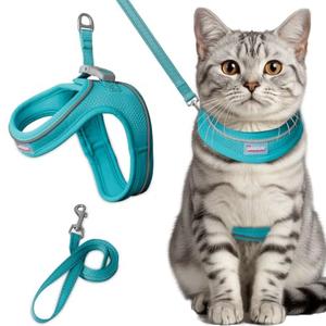 Cat Harness and Leash Set,Escape Proof Kitten Harness,Step in Adjustable Soft Lightweight,Easy Control,Reflective Strips Comfortable for Walking Travel(Ocean Blue,S)