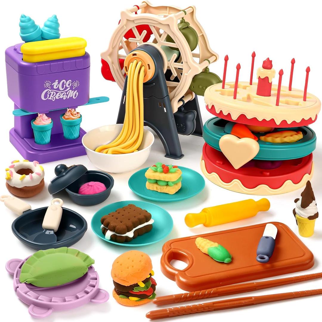 4 in 1 Playdough Sets for Kids Ages 4-8, 24 Colors Dough Accessories with Ice Cream/ Noodles/ Cake Makers, Kitchen Pretend Play Tools Kit, Birthday Gifts Toys for Toddlers Boys Girls 3 4 5 6 7 8