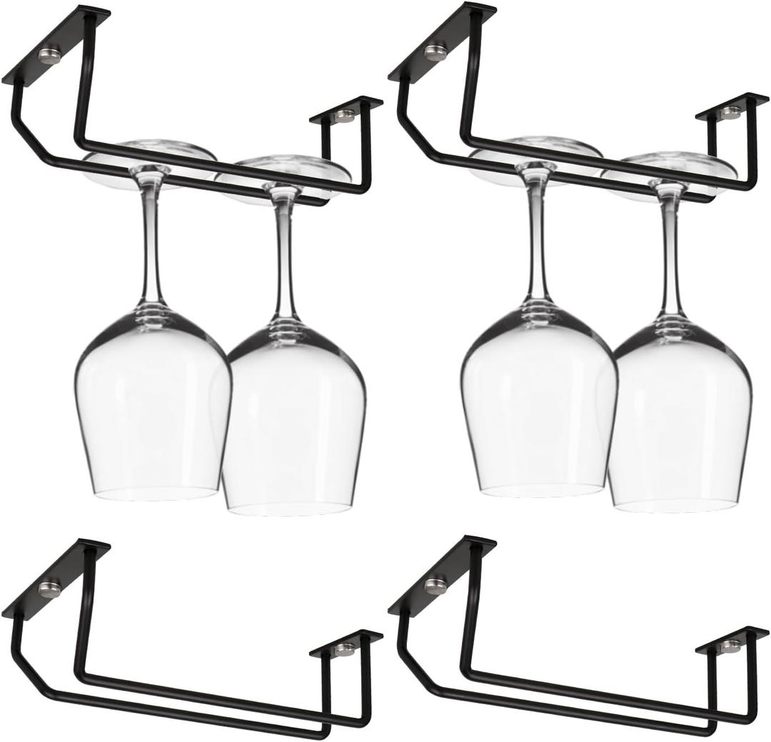 7 Inch Black Wine Glass Rack, Under Cabinet Wine Glass Holder, Metal Stemware Rack Hanger for Kitchen Storage (4 Pack)