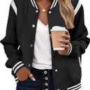 Zeagoo Bomber Jacket Women Varsity Casual Button Down Lightweight 2026 Spring Fashion Short School Outfits with Pockets (Black, M)