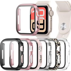 6 Pack Case for Apple Watch SE 3 (2025)/SE 2/SE/Series 6/5/4 40mm with Tempered Glass Screen Protector, Hard PC Ultra-Thin Scratch Resistant Protective Cover for iWatch 40mm Accessories (Black+Clear+Pink+Rose gold+Silver+Classic Leopard)