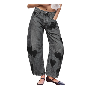 LifeShe Women's Wide Leg Baggy Jeans Low Waist Heart Barrel Loose Denim Pants, M