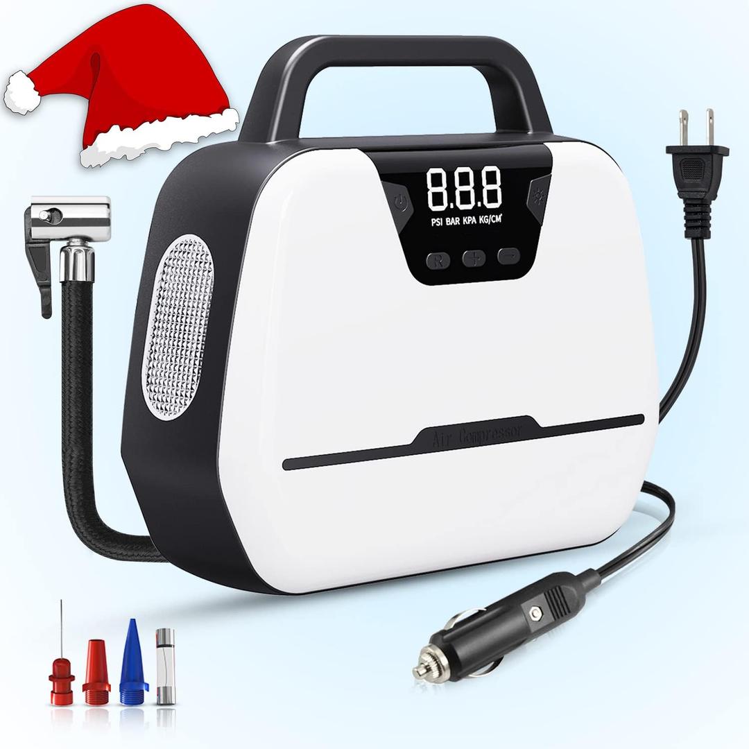 Air Compressor Tire Inflator AC 110V/ DC 12V Dual-use Portable Air Compressor with Emergency LED Light, Digital Pressure Gauge Tire Inflator for Car Tires, Motorcycle, Ball