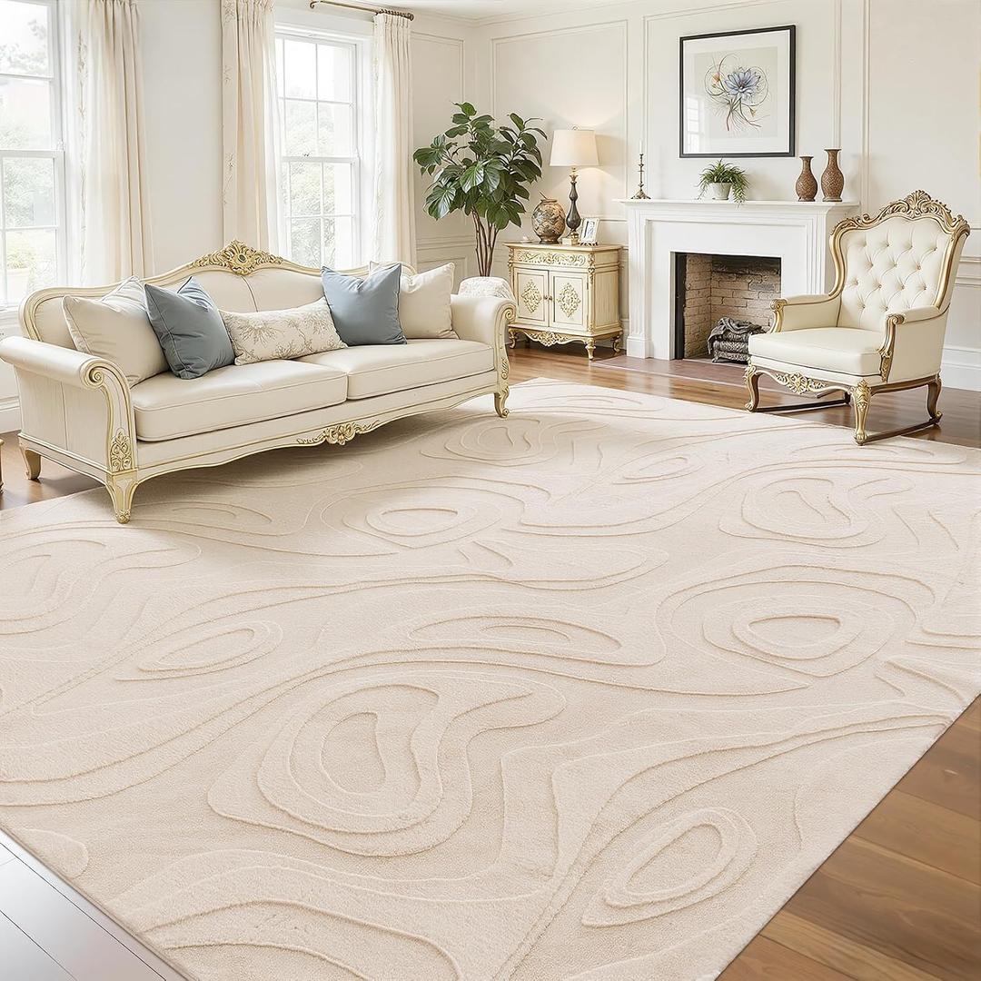 UKISS Washable Rugs 8'x10' Area Rugs for Living Room Ultra Soft Faux Rabbit Fur Embossed Rug for Bedroom, Non Slip&Non-Shedding Low Pile Large Carpets for Home Decor Beige
