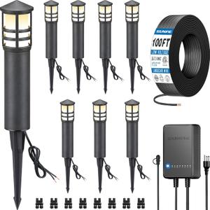 SUNVIE All-in-One LED Landscape Lighting Kit, 8-Pack Low Voltage Pathway Lights with Transformer and 100FT 16/2 AWG Wire, 3000K Waterproof Landscape Lights with Connectors for Walkway Garden Yard