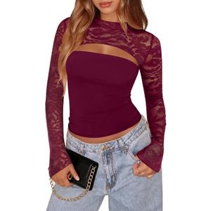 Xuiqx Women's Lace Long Sleeve Going Out Top Sexy Y2K Cut Out Double Lined Slim Night Out Club Party Tops (Burgundy X-Large)