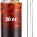 Glass Cups with Lids and Straws 1Pack,Glass Coffee Cups with Lid, Smoothie Cup,Beer Glasses,Cocktail Glasses for Whiskey,Soda-20 Oz Glass Tumbler with Straw,1 Brush