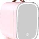 Mini Fridge for Bedroom, 4 Liter/6 Can Skincare Fridge With LED Mirror & Leather Carrying Handle,12v AC/DC Cooler & Warmer Portable Small Refrigerator for Drinks, Makeup, Dorm, Office and Car(Pink)