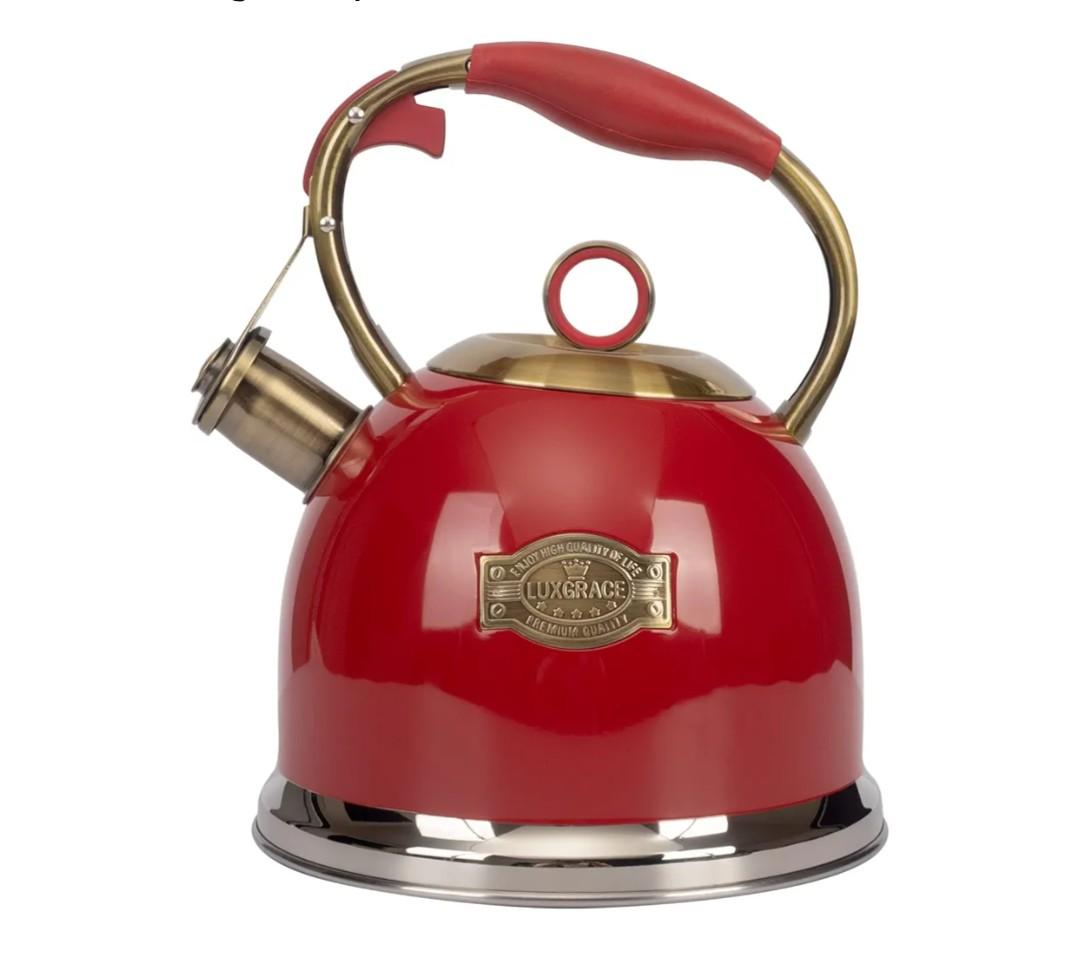 Tea Kettle, Stovetop Whistling Teapot, Stainless Steel, Red, 3.0-Quart