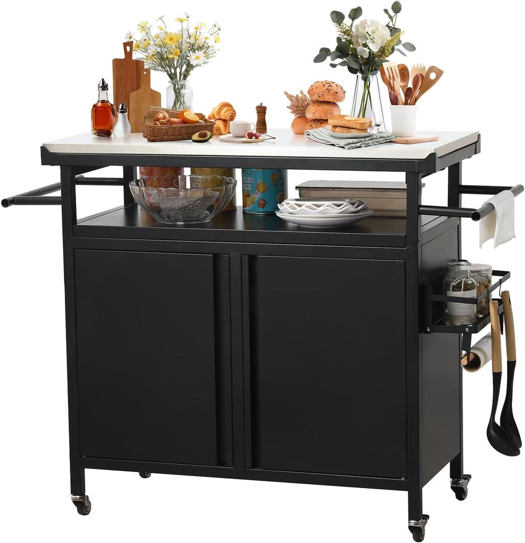 Nexaio XL Rolling Bar Grill Cart Outdoor Patio Furniture, Outdoor Grill Table with Stainless Steel Top for Kitchen Prep and Outdoor Storage Cabinet for Grilling Accessories, Black
