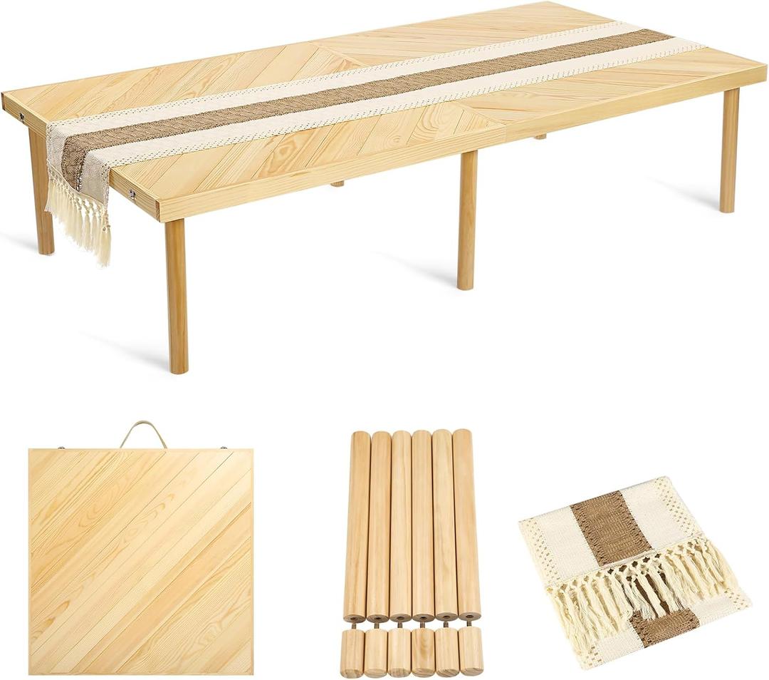 Folding Picnic Table with Table Runner, Portable Boho Low Picnic Table for Indoor Outdoor, 60" x 30" Wooden Table with Adjustable Heights for Camping, Wedding, Beach, Garden, Party(Large Size for 6)