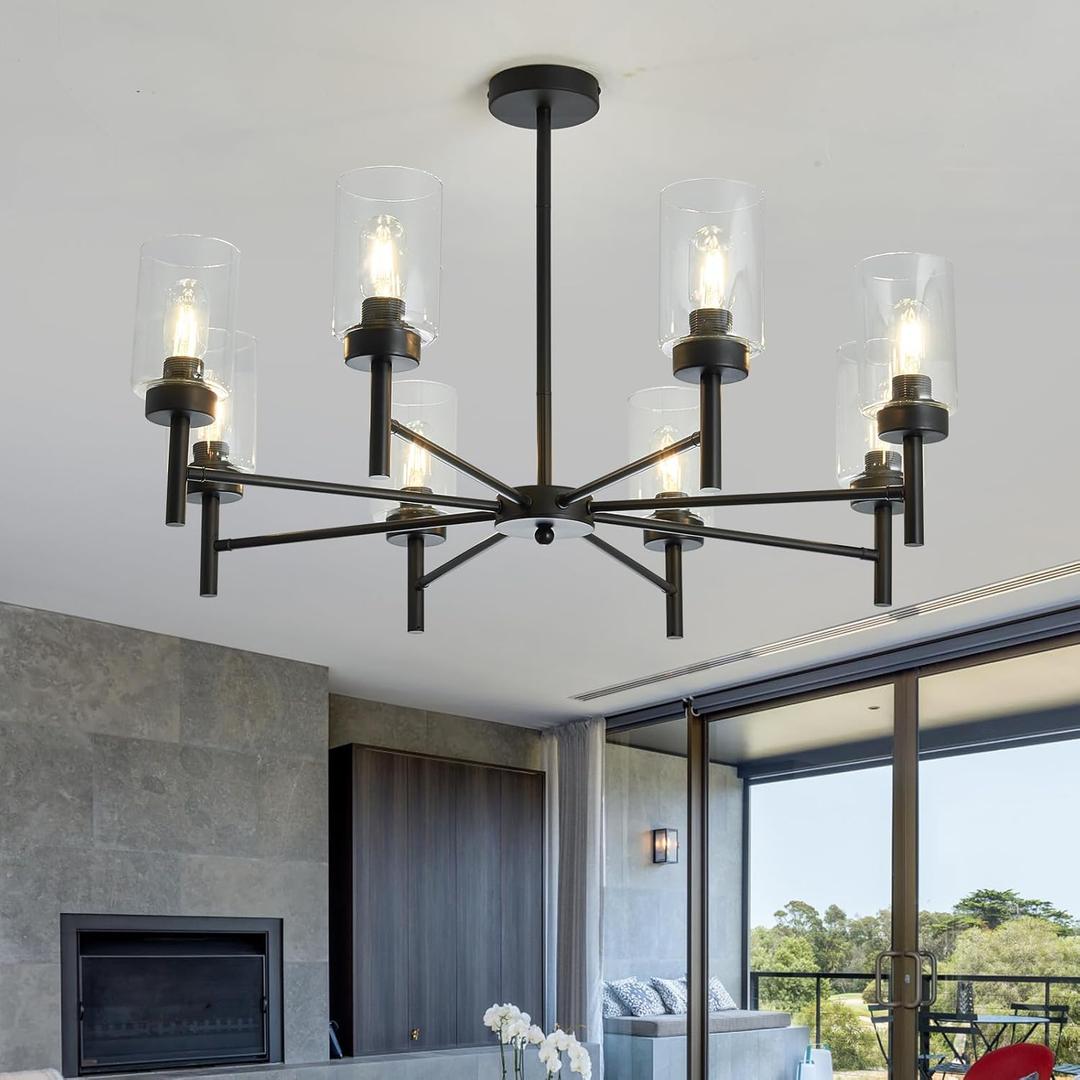 Black 8-Light Large Modern Chandelier,Clear Glass Metal Ceiling Light FixtureFarmhouse Pendant Hanging for Kitchen Dining Room Living Room Bedroom.