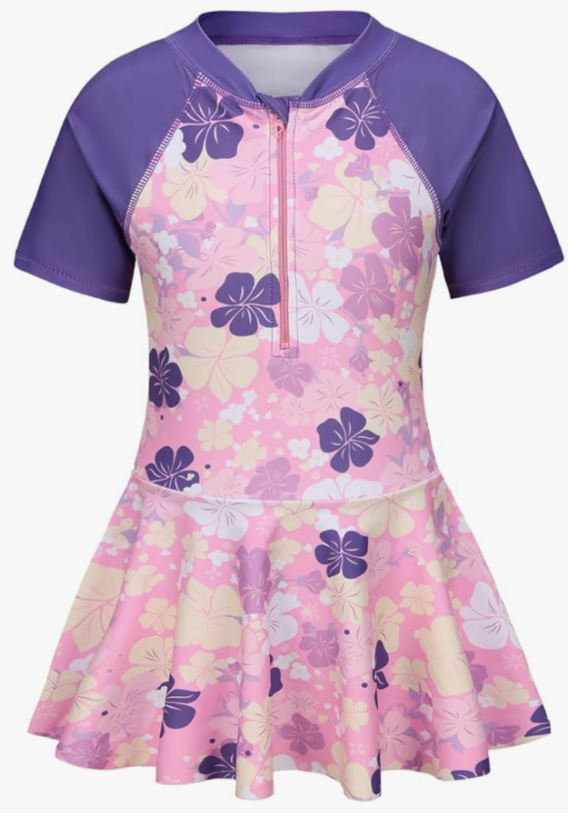 Girls One Piece Swimsuits Hawaiian Skirted Bathing Suit for Kids Girls Summer Swim Dress Short Sleeve Swimwear 15-16 Years