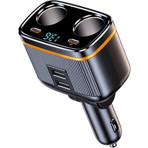 12V/24V 2-Socket 6 in 1 Cigarette Lighter Splitter with Voltage Detection, Alanph 145W Car Charger Adapter Dual USB QC3.0 &Type-C PD45W Fast Charging (6-Port)