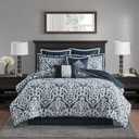 Madison Park Odette Cozy Comforter Set Jacquard Damask Medallion Design - Modern All Season, Down Alternative Bedding, Shams, Decorative Pillows, Queen(90 in x 90 in),Navy 8 Piece