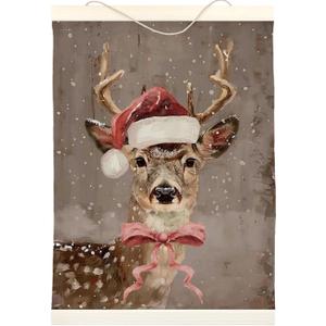 LKETW Vintage Christmas Deer Poster Hanger Frame, 12x16 inch, Pink Bow Deer Wall Art, Farmhouse Living Room Bedroom Decor