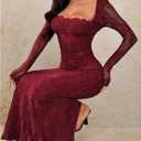 OYOANGLE Women's Floral Lace Slit Back Fishtail Long Dress Square Neck Cocktail Bodycon Dresses (Red, L)