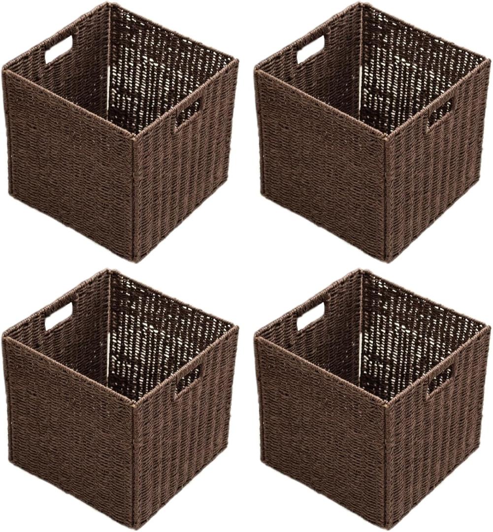Handwoven Paper Woven Cube Basket Organizer with Handles set of 4 Foldable Storage baskets for Bedroom Living Room Cubby Storage Units for Clothes Books Toys (Brown, 13" L x 13" W x 13" H)