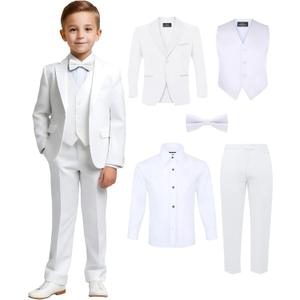 Boys' 5-Piece Tuxedo Set: Premium Formal Jacket, Pants, Shirt, Vest & Bow Tie (8, White)