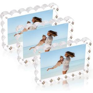 3 x 3 Pack Acrylic 4x6inch Magnetic Picture Frame,Double Sided,10+10mm Thick Block,Picture Frames Acrylic Photo Scalloped Frames Freestanding Gifts for Desk,Fridge, Locker,Office Cabinet(Clear,4x6)