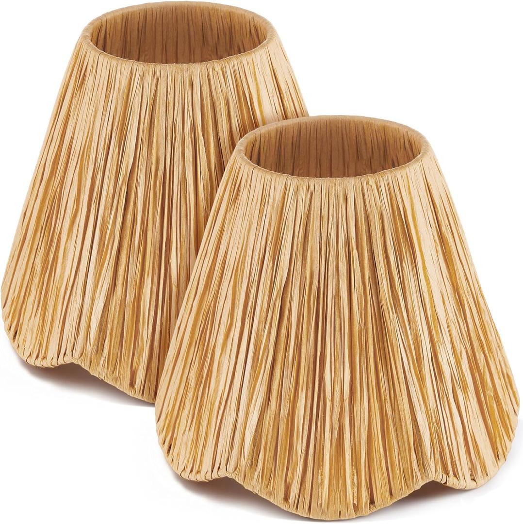 Glooglitter Small Clip-on Chandelier Rattan Lamps Set Shade Scalloped Lampshade 3"top x 6"bottom x 5-1/4"slant Height Empire Lamp Shade Chandelier or Accent Lamp(Woven,Raffia,2 Pcs)