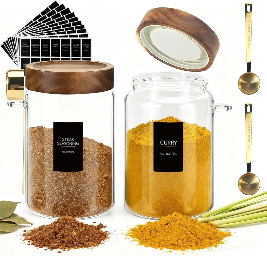 Airtight Glass Storage Jar with Lids Spoons Labels Coffee Ground Canister Sugar Container for Coffee Beans Nut Pasta Sugar Candy Spice Rice Loose Tea(900ml/30oz-2Pack)