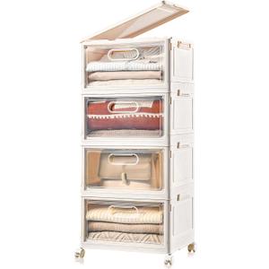4-Tier Stackable Storage Bins with Lids, 23QT Storage Containers,Clear Foldable Plastic Drawer Storage on Wheels,Closet Organizers and Storage for Living Room,Bedroom,Office,Dorm (Milky white-4Pack with 1 lid & wheels)