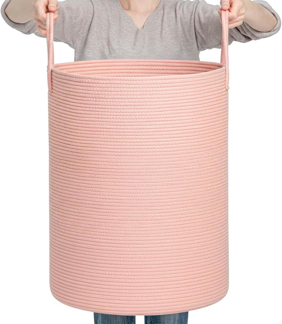 CLHMILY&Z Laundry Hamper Round Storage Rope Basket in Living Room, Bedroom, Laundry Room for Toy, Clothes, Blanket, Pillow (Pink, 80L)