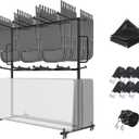 Folding Table And Chair Cart,Two Tier Folding Chair And Table Storage Rack With 800LBS Capacity For 84 Folding Chairs Heavy Metal Folding Chair Holder Rack with Rubber Locking Wheels,Straps and Cover