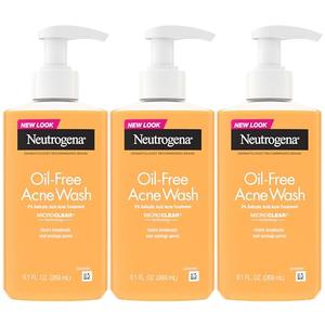 Neutrogena Oil-Free Acne Wash, Acne Fighting Facial Cleanser with Salicylic Acid Medicine, Acne Treatment for Face, Non-Comedogenic, Residue-Free, 9.1 fl oz Pump Bottles, 3 Pack