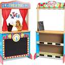 CHIUHEI Deluxe Wooden Puppet Theater with Curtains, Blackboard and Clock, Double-Sided Play Store 3-8Y & Kid Puppet Show Theater with 2 Hand Puppets and 4 Finger Puppets for Toddlers 3+