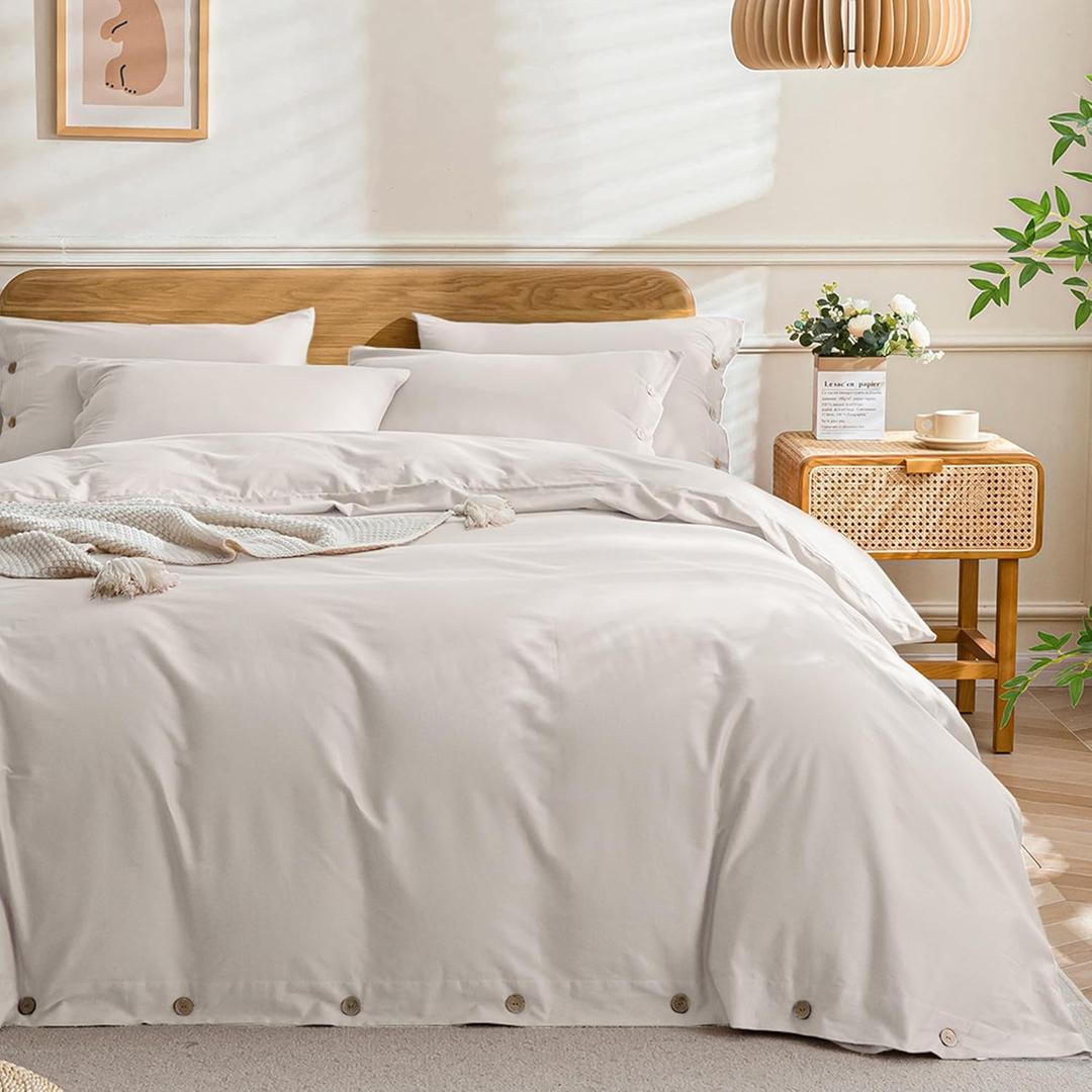 JELLYMONI Cotton Duvet Cover King Size - Beige Comforter Cover with Button 100% Washed Cotton 3PCS Breathable Soft Solid Bedding Set Duvet Cover 10490in & 2 Pillowcases (NO Comforter)