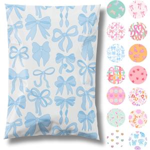 Pretty Package Store 6x9 Designer Poly Mailer 100 Pack Heavy Duty Waterproof Self Seal Shipping Bags for Small Business Large Mailing Envelopes Bulk Tear Resistant Packaging Blue Bows