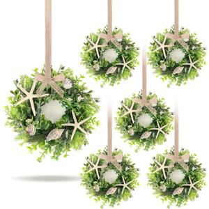6 Pcs Shell Starfish Swag Wreath Summer Wreaths for Kitchen Cabinet Mini Artificial Rustic Farmhouse Wreaths with Ribbon for Pillar Front Door Porch Wall Window Farmhouse Decoration