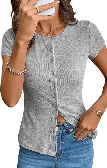 Sidefeel Summer Tops for Women 2026 Cap Sleeve Ribbed Button Down Crewneck Slim Fitted Cute Going Out Tops, Gray, Small
